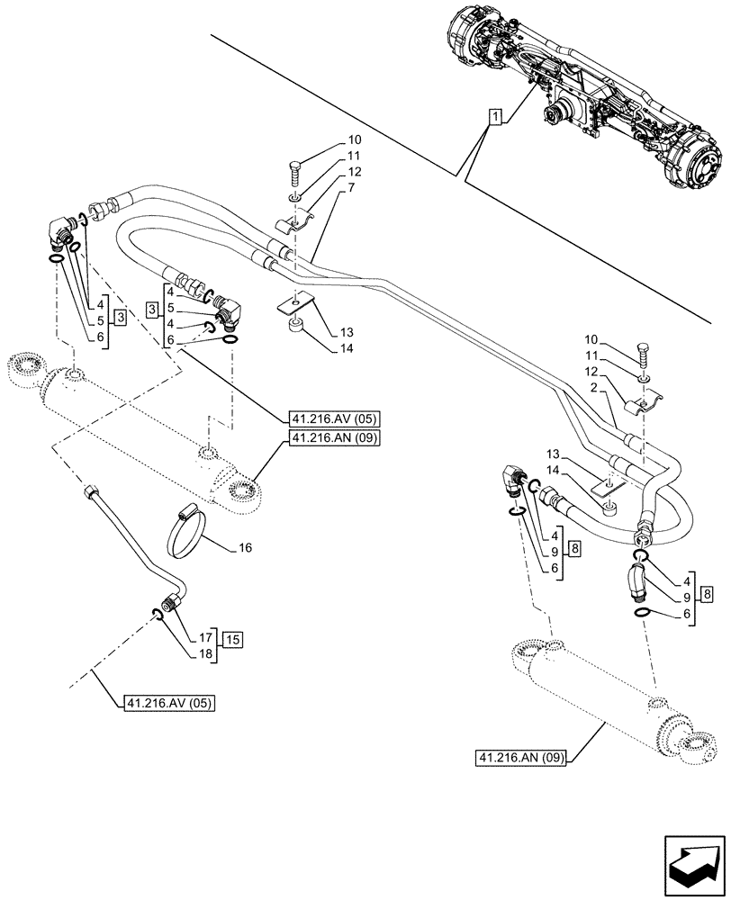 Схема запчастей Case IH MAXXUM 115 - (41.216.AV[09]) - VAR - 758428 - SUSPENDED FRONT AXLE WITH HYDR. DIFF. LOCK, STRG SENSOR & BRAKES, STEERING CYLINDER, LINE (41) - STEERING