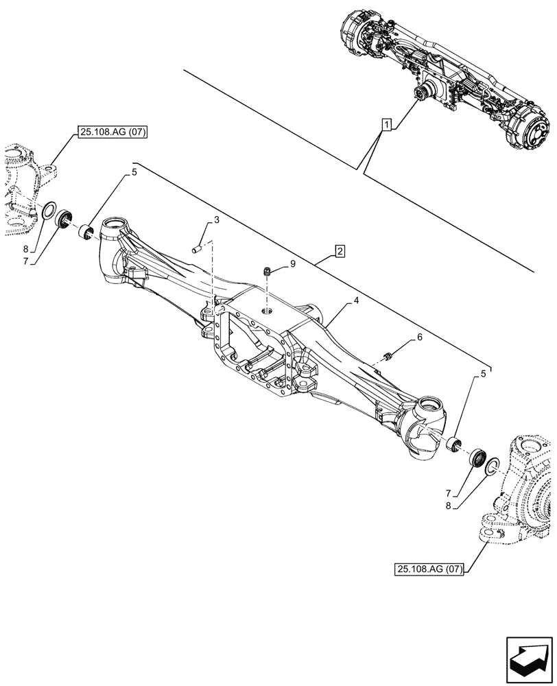 Схема запчастей Case IH MAXXUM 145 - (25.100.AD[07]) - VAR - 758428 - SUSPENDED FRONT AXLE WITH HYDR. DIFF. LOCK, STRG SENSOR & BRAKES, HOUSING (25) - FRONT AXLE SYSTEM