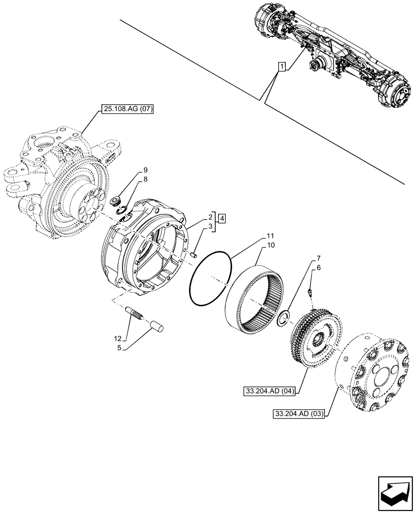 Схема запчастей Case IH MAXXUM 150 - (25.108.AN[07]) - VAR - 758428 - SUSPENDED FRONT AXLE WITH HYDR. DIFF. LOCK, STRG SENSOR & BRAKES, STEERING KNUCKLE (25) - FRONT AXLE SYSTEM