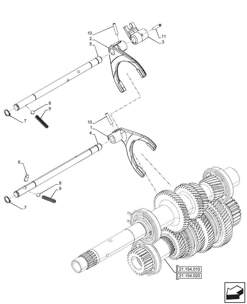 Схема запчастей Case IH FARMALL 80N - (21.154.050) - VAR - 743509 - TRANSMISSION, INTERNAL, SHIFTER FORK, CONTROLS, POWERSHUTTLE (21) - TRANSMISSION