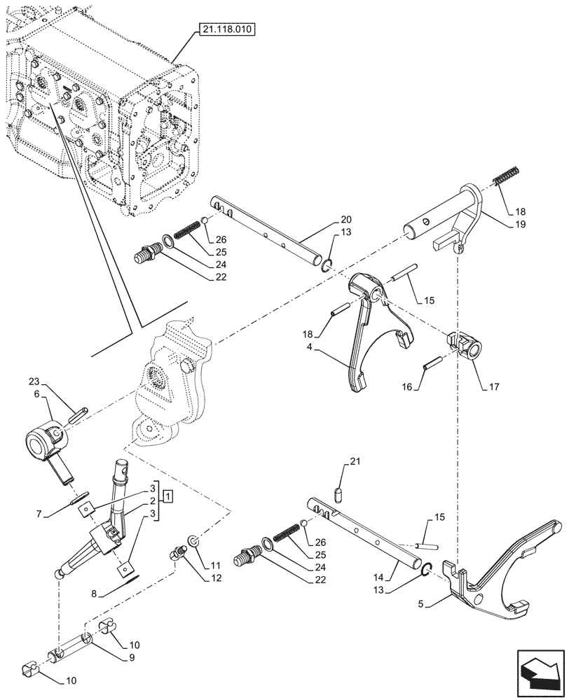 Схема запчастей Case IH FARMALL 100N - (21.154.070) - VAR - 743509 - TRANSMISSION, INTERNAL, SHIFTER FORK, CONTROLS, POWERSHUTTLE (21) - TRANSMISSION