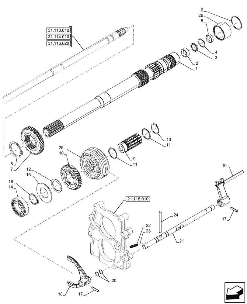 Схема запчастей Case IH FARMALL 80N - (21.148.070) - VAR - 743508 - TRANSMISSION, GEARS & SHAFT, SPLITTER (21) - TRANSMISSION