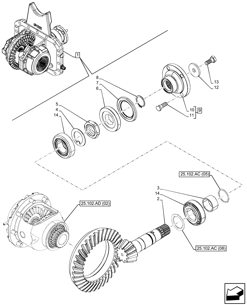 Схема запчастей Case IH MAXXUM 115 - (25.102.AC[07]) - VAR - 758422, 758423 - SUSPENDED FRONT AXLE WITH HYDR. DIFF. LOCK & STRG SENSOR, DIFFERENTIAL, BEVEL GEAR (25) - FRONT AXLE SYSTEM