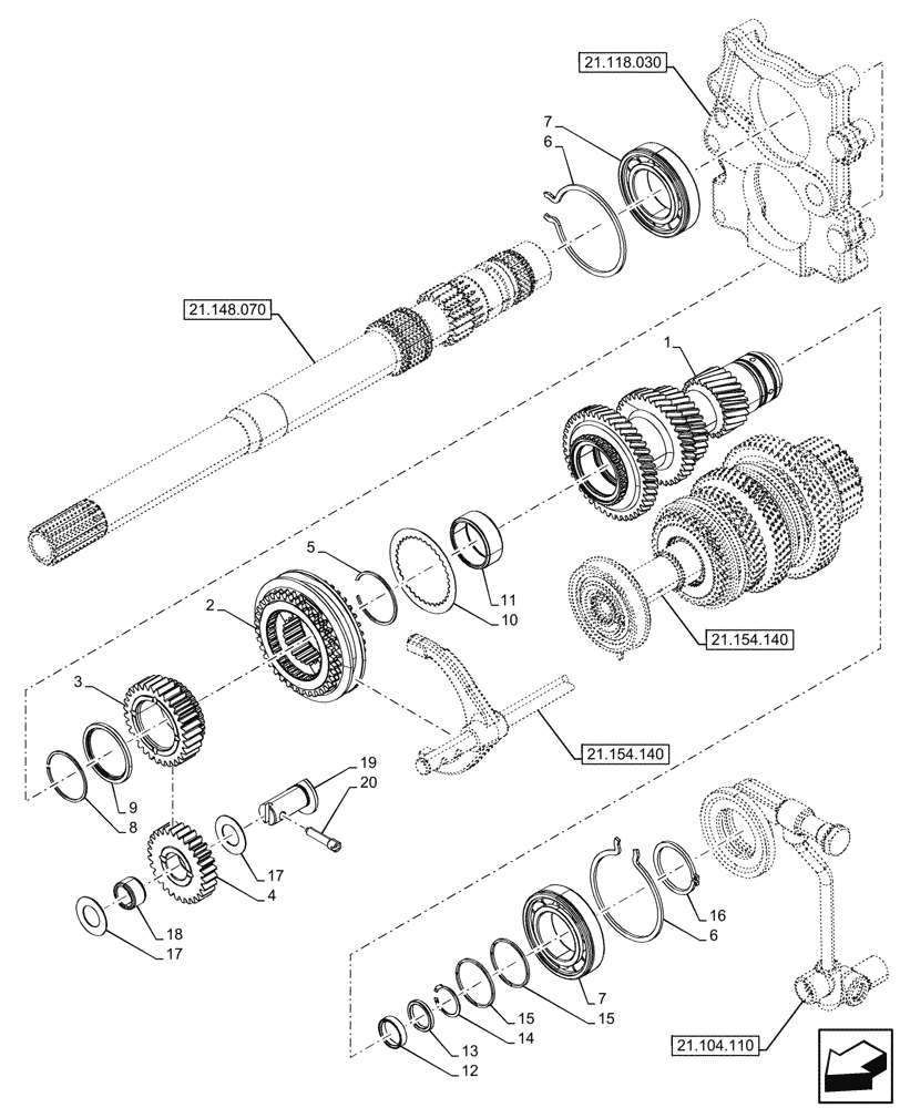 Схема запчастей Case IH FARMALL 110V - (21.154.100) - VAR - 330273 - TRANSMISSION, GEARS & SHAFT, HI-LO (21) - TRANSMISSION