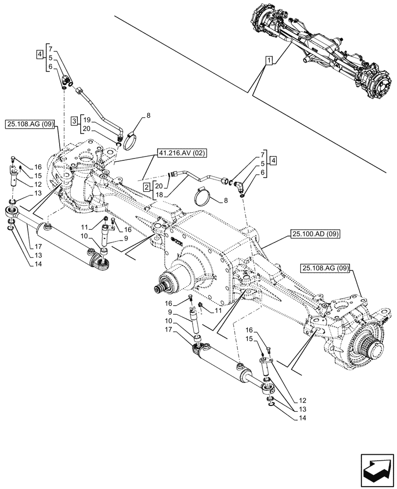 Схема запчастей Case IH MAXXUM 115 - (41.216.AN[12]) - VAR - 392196, 758417, 758418, 758419 - FRONT AXLE, W/ LIMITED SLIP DIFFERENTIAL, STEERING CYLINDER (41) - STEERING