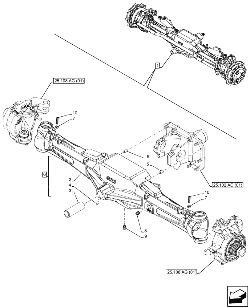 Схема запчастей Case IH MAXXUM 145 - (25.100.AD[01]) - VAR - 390409, 758421 - FRONT AXLE, W/ HYDRAULIC DIFFERENTIAL LOCK, W/ STEERING SENSORS, W/O WATERPROOF, HOUSING (25) - FRONT AXLE SYSTEM