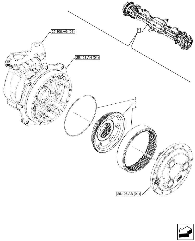 Схема запчастей Case IH MAXXUM 145 - (25.108.AB[02]) - VAR - 390409, 758421 - FRONT AXLE, W/ HYDRAULIC DIFFERENTIAL LOCK, W/ STEERING SENSORS, W/O WATERPROOF, STEERING KNUCKLE, PLANETARY REDUCER (25) - FRONT AXLE SYSTEM