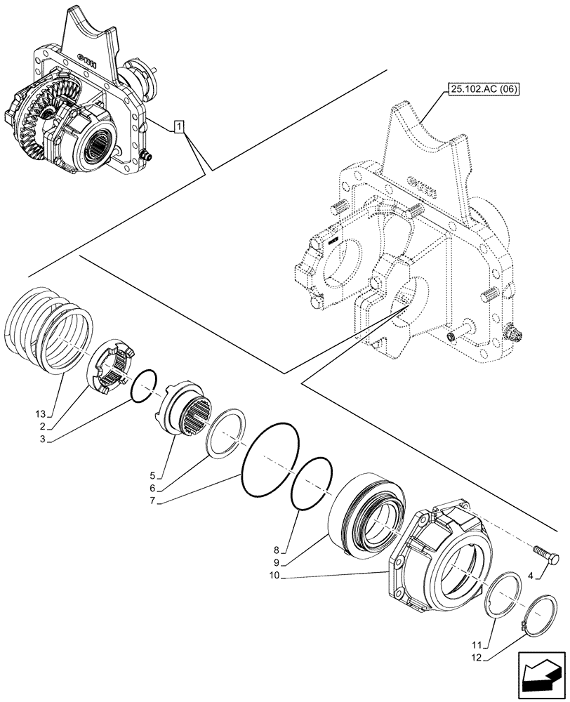 Схема запчастей Case IH MAXXUM 135 - (25.102.AS[02]) - VAR - 758422, 758423 - SUSPENDED FRONT AXLE WITH HYDR. DIFF. LOCK & STRG SENSOR, DIFFERENTIAL LOCK (25) - FRONT AXLE SYSTEM