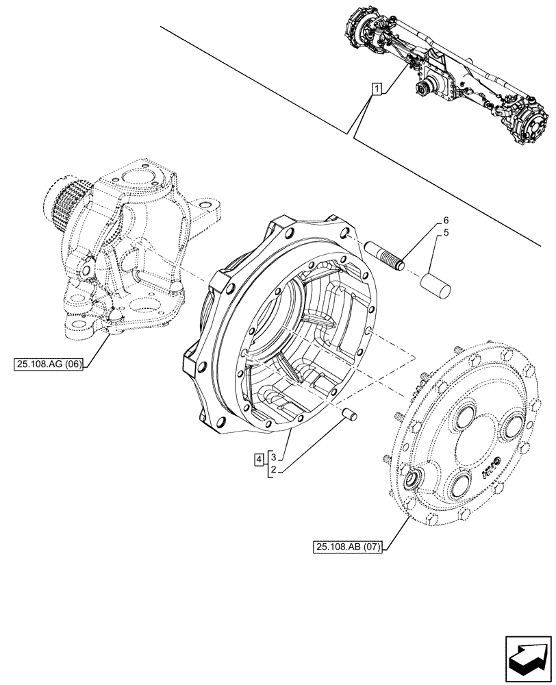 Схема запчастей Case IH MAXXUM 150 - (25.108.AN[06]) - VAR - 758427 - SUSPENDED FRONT AXLE WITH HYDR. DIFF. LOCK & STRG SENSOR, STEERING KNUCKLE (25) - FRONT AXLE SYSTEM