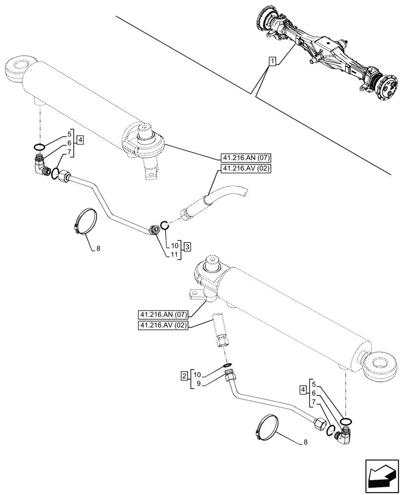 Схема запчастей Case IH MAXXUM 115 - (41.216.AV[03]) - VAR - 758425, 758426 - FRONT AXLE, W/ HYDRAULIC DIFFERENTIAL LOCK, W/ STEERING SENSORS, STEERING CYLINDER, LINE (41) - STEERING