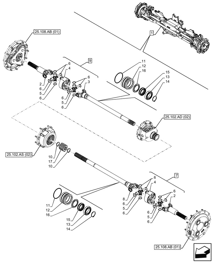 Схема запчастей Case IH MAXXUM 115 - (25.108.AA[02]) - VAR - 758422 - SUSPENDED FRONT AXLE WITH HYDR. DIFF. LOCK & STRG SENSOR, SHAFT (25) - FRONT AXLE SYSTEM