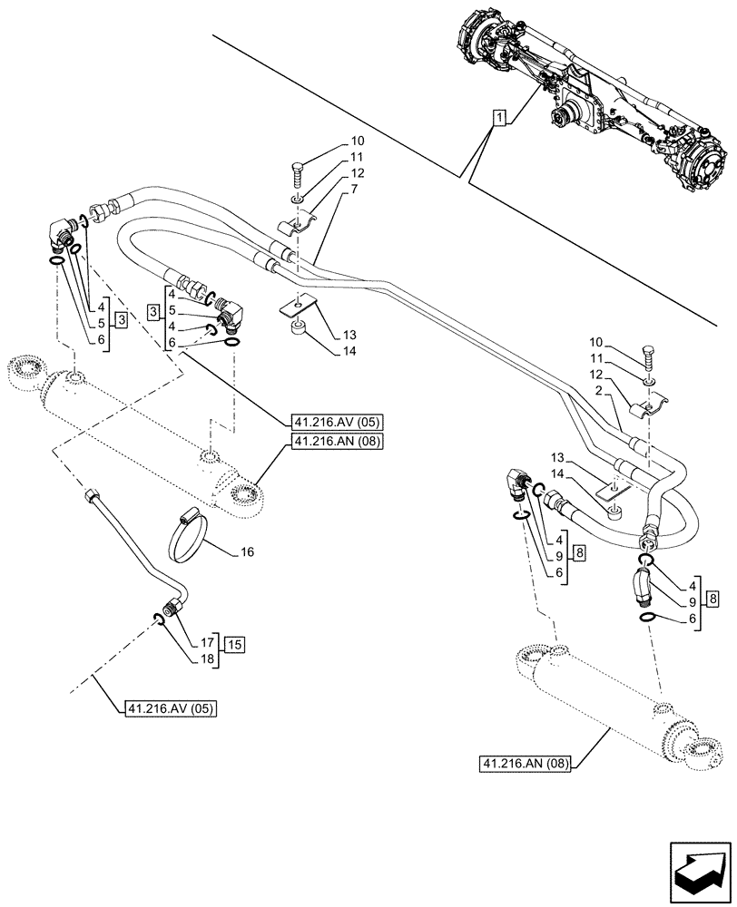 Схема запчастей Case IH MAXXUM 115 - (41.216.AV[04]) - VAR - 758427 - SUSPENDED FRONT AXLE WITH HYDR. DIFF. LOCK & STRG SENSOR, STEERING CYLINDER, LINE (41) - STEERING