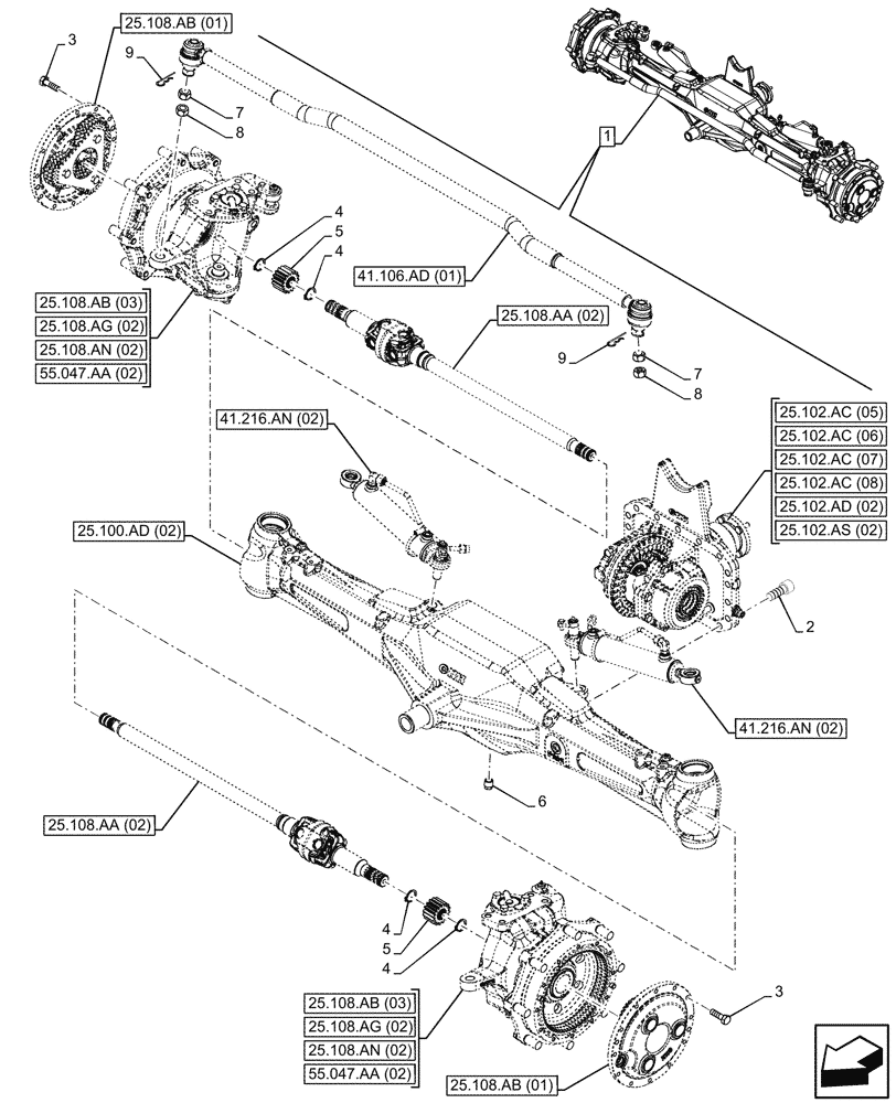 Схема запчастей Case IH MAXXUM 145 - (25.100.AA[02]) - VAR - 758422 - SUSPENDED FRONT AXLE WITH HYDR. DIFF. LOCK & STRG SENSOR (25) - FRONT AXLE SYSTEM