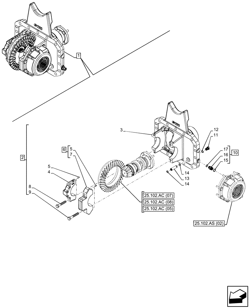 Схема запчастей Case IH MAXXUM 135 - (25.102.AC[06]) - VAR - 758422, 758423 - SUSPENDED FRONT AXLE WITH HYDR. DIFF. LOCK & STRG SENSOR, DIFFERENTIAL, CARRIER (25) - FRONT AXLE SYSTEM