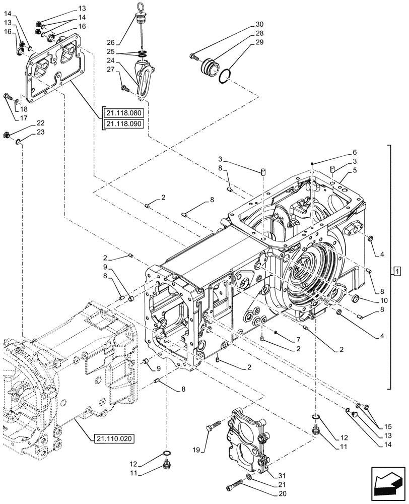 Схема запчастей Case IH FARMALL 80N - (21.118.060) - TRANSMISSION, HOUSING, HI-LO (21) - TRANSMISSION