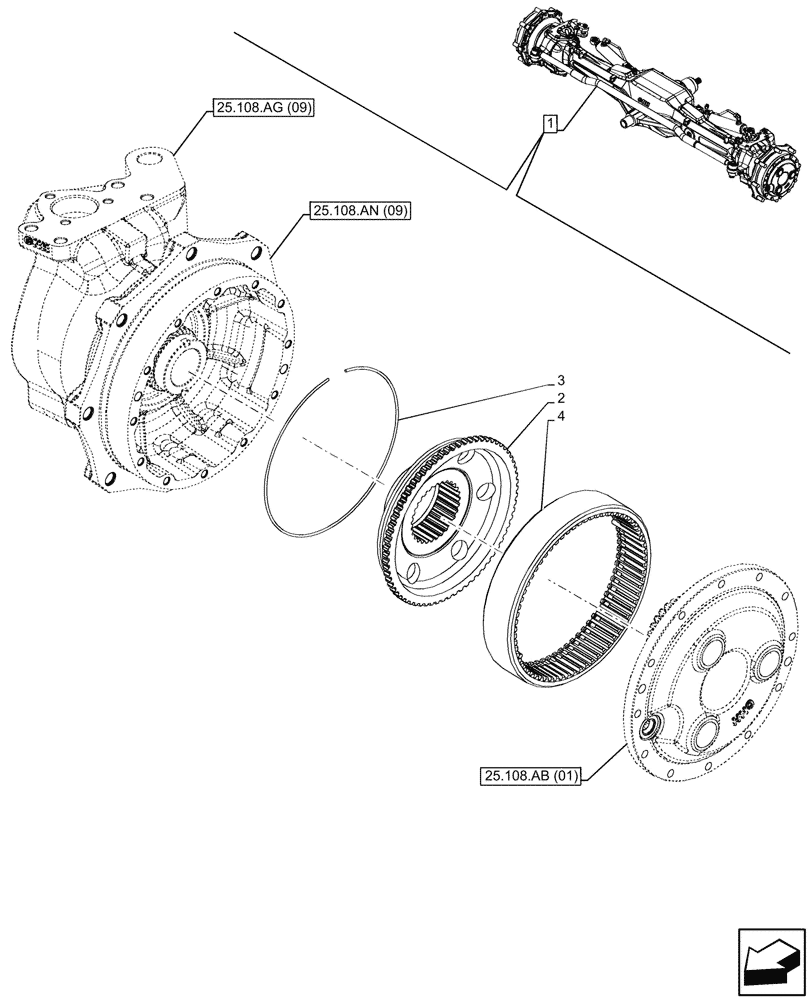 Схема запчастей Case IH MAXXUM 135 - (25.108.AB[12]) - VAR - 392196, 758417, 758418, 758419 - FRONT AXLE, W/ LIMITED SLIP DIFFERENTIAL, PLANETARY REDUCER (25) - FRONT AXLE SYSTEM