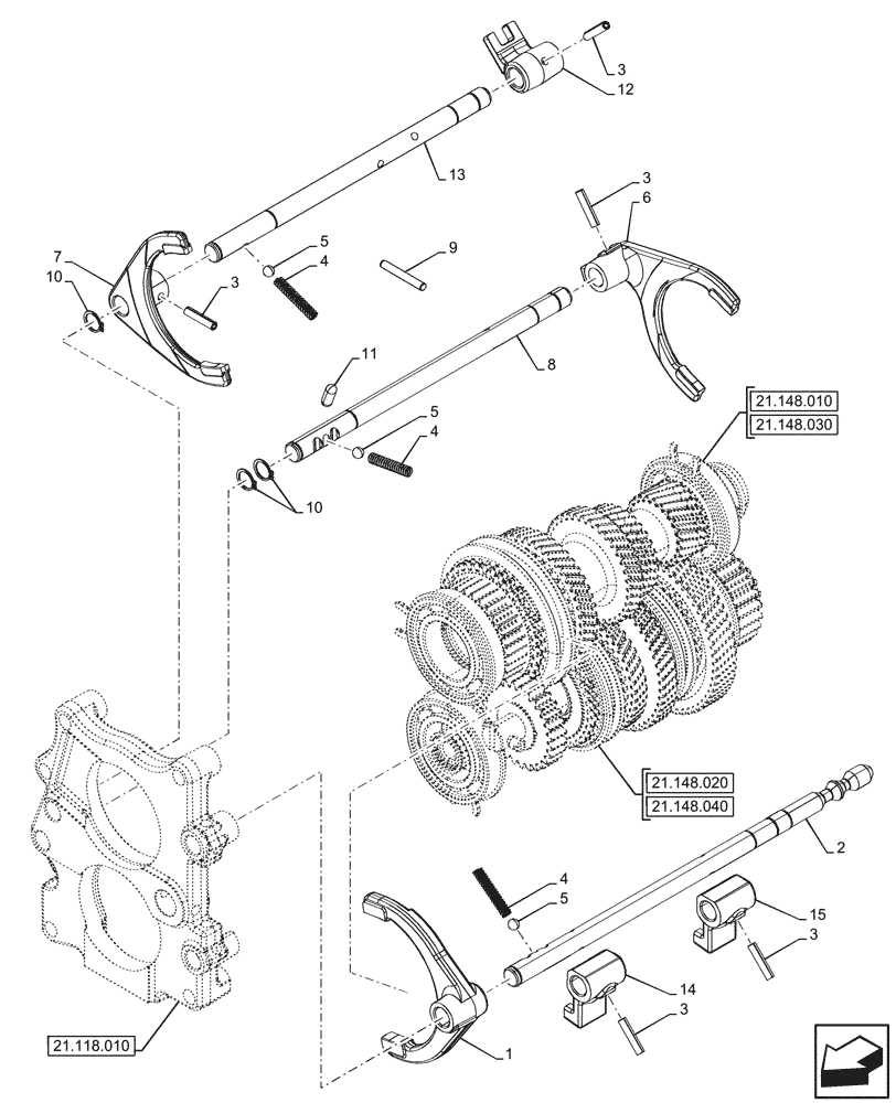 Схема запчастей Case IH FARMALL 90V - (21.148.050) - VAR - 743381, 743508 - TRANSMISSION, INTERNAL, SHIFTER FORK, CONTROLS, SHUTTLE (21) - TRANSMISSION