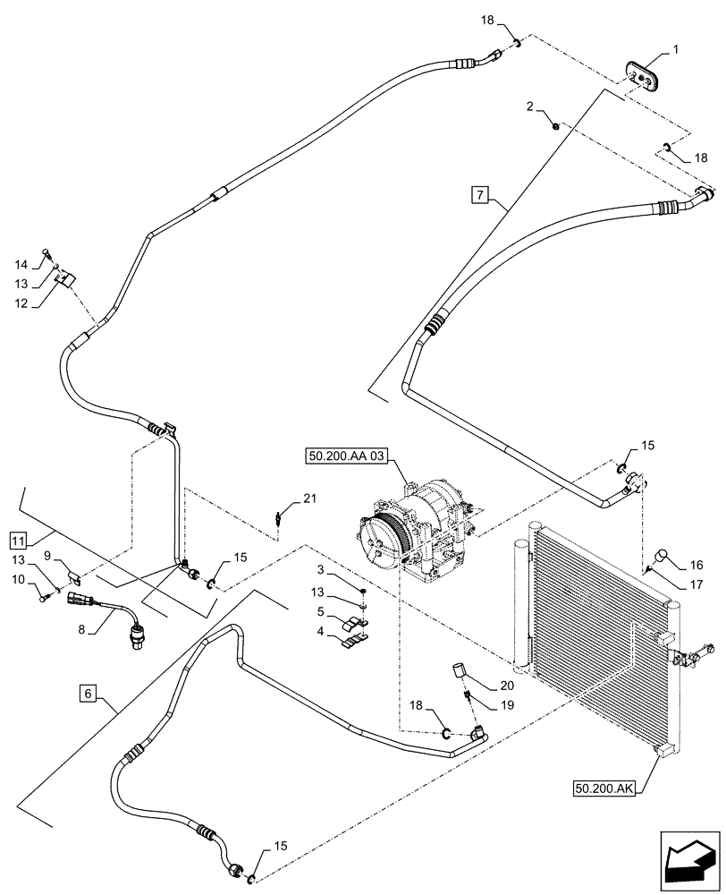 Схема запчастей Case IH FARMALL 85C - (50.200.AB) - VAR - 334183, 334184, 334211, 334212, 391606, 744588, 743573, 743556 - AIR CONDITIONING, HOSE (50) - CAB CLIMATE CONTROL