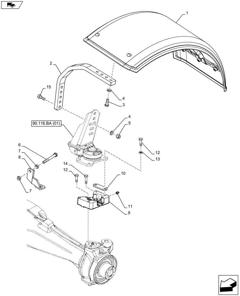 Схема запчастей Case IH FARMALL 115C - (90.116.AC[15]) - VAR - 744673 - FRONT FENDER F/FRONT AXL, W/BRAKES (400MM) - ISO (90) - PLATFORM, CAB, BODYWORK AND DECALS