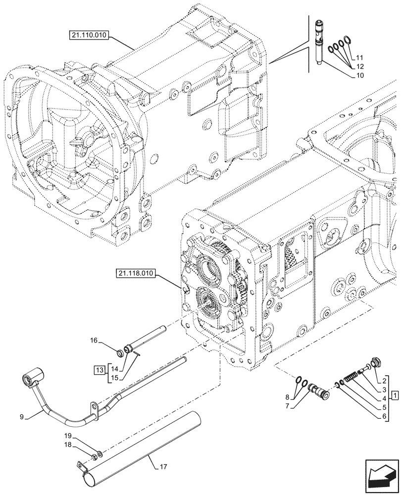 Схема запчастей Case IH FARMALL 100V - (21.100.060) - VAR - 743381, 743508 - INTERNAL, TRANSMISSION LUBRICATION LINE (21) - TRANSMISSION