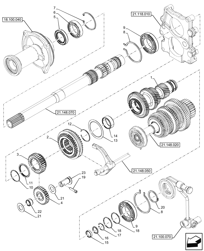 Схема запчастей Case IH FARMALL 100V - (21.148.010) - VAR - 743381, 743508 - TRANSMISSION, GEARS & SHAFT, SHUTTLE (21) - TRANSMISSION