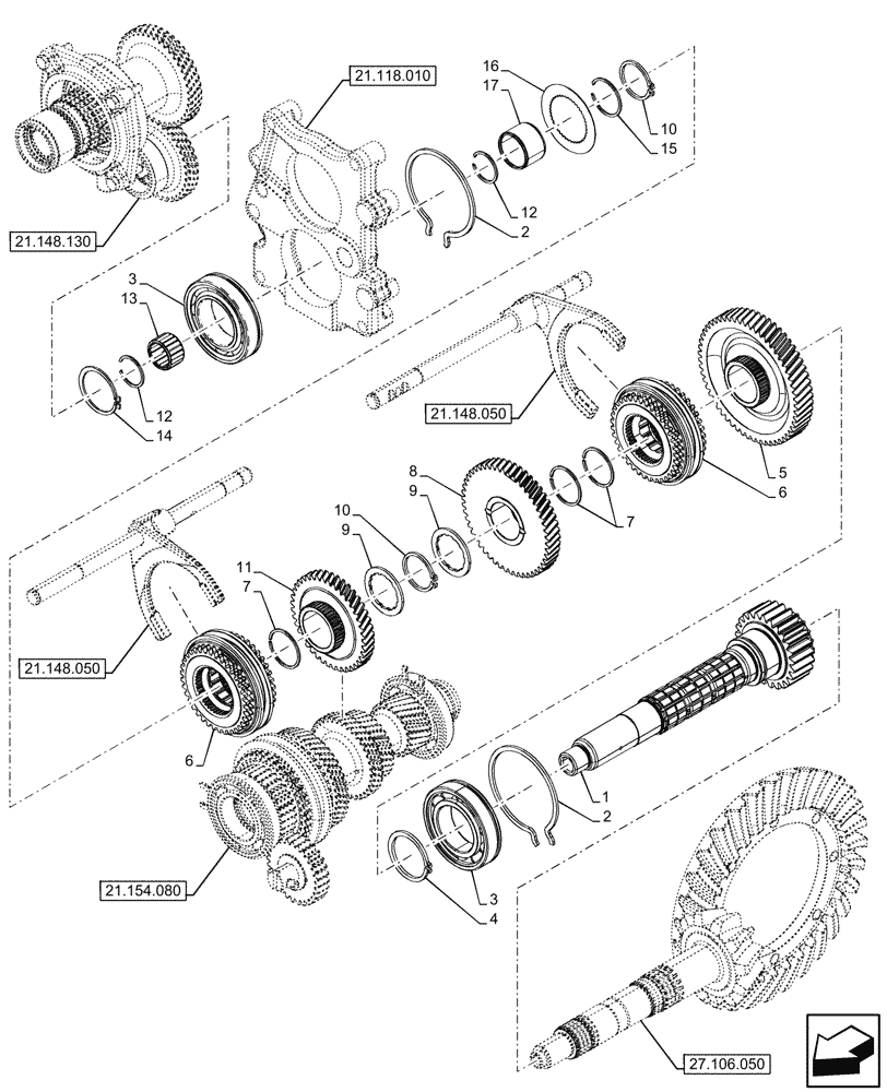 Схема запчастей Case IH FARMALL 100N - (21.154.090) - VAR - 330273 - TRANSMISSION, GEARS & SHAFT, HI-LO (21) - TRANSMISSION