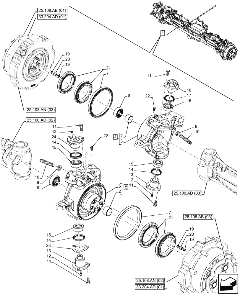 Схема запчастей Case IH MAXXUM 145 - (25.108.AG[03]) - VAR - 758423 - SUSPENDED FRONT AXLE WITH HYDR. DIFF. LOCK, STRG SENSOR & BRAKES, STEERING KNUCKLE (25) - FRONT AXLE SYSTEM