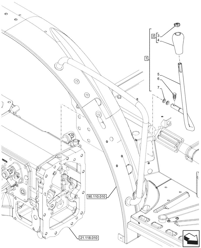 Схема запчастей Case IH FARMALL 80N - (21.134.020) - VAR - 743509 - TRANSMISSION, CONTROLS, LEVER, POWERSHUTTLE, W/O CAB (21) - TRANSMISSION