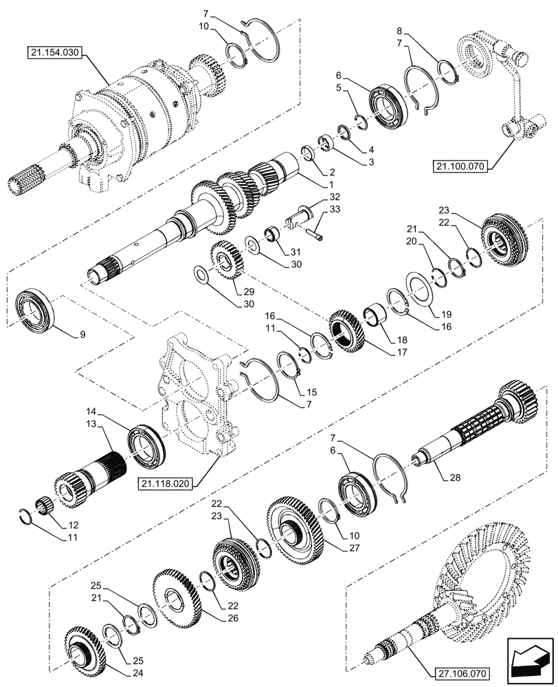 Схема запчастей Case IH FARMALL 80N - (21.154.010) - VAR - 743509 - TRANSMISSION, GEARS & SHAFT, POWERSHUTTLE (21) - TRANSMISSION