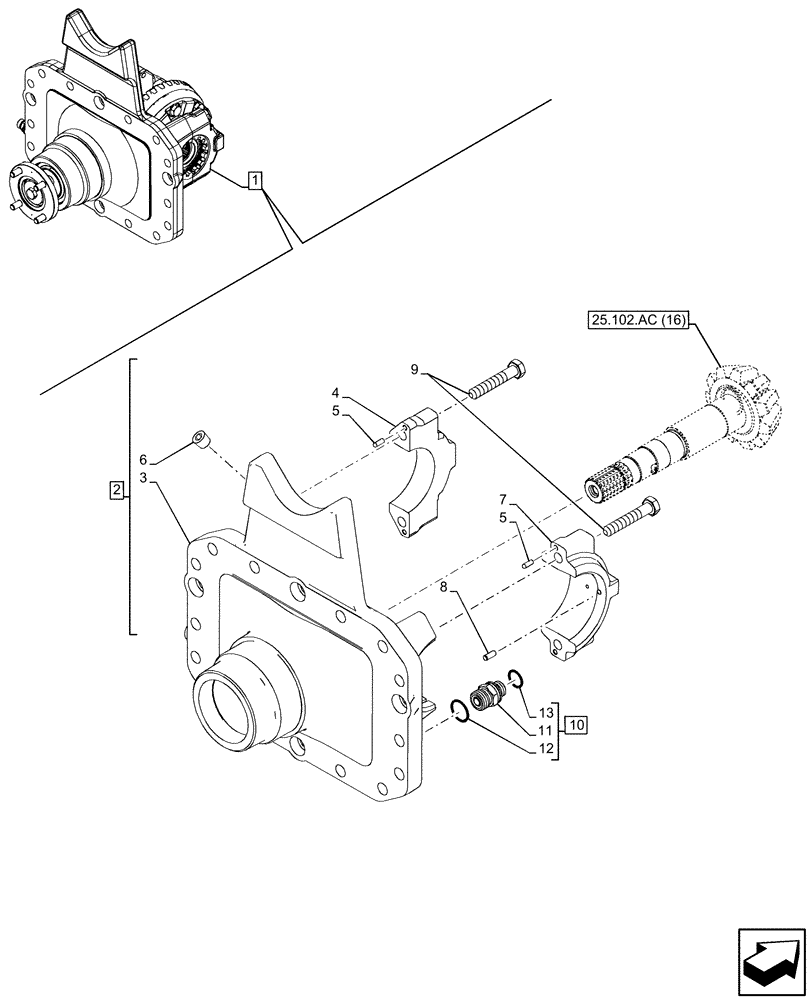 Схема запчастей Case IH MAXXUM 135 - (25.102.AC[15]) - VAR - 758427, 758428 - SUSPENDED FRONT AXLE WITH HYDR. DIFF. LOCK & STRG SENSOR, DIFFERENTIAL, CARRIER (25) - FRONT AXLE SYSTEM