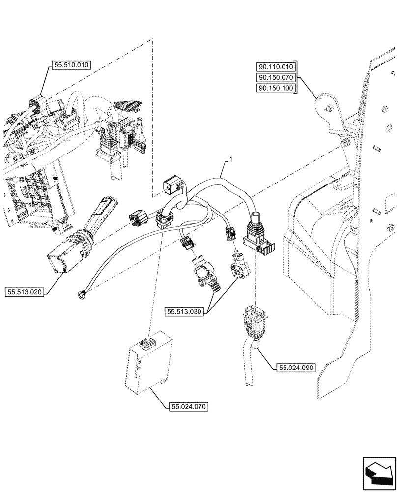 Схема запчастей Case IH FARMALL 90N - (55.024.080) - VAR - 743509 - TRANSMISSION, CONTROLS, HARNESS, POWERSHUTTLE (55) - ELECTRICAL SYSTEMS