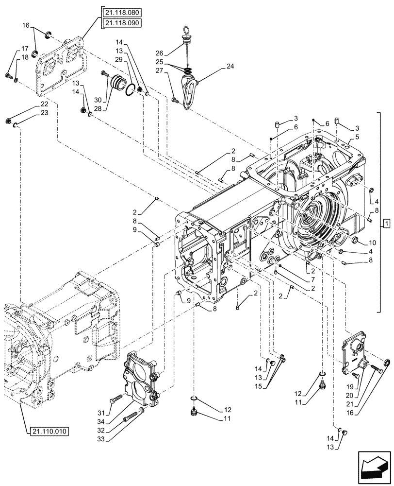 Схема запчастей Case IH FARMALL 80N - (21.118.030) - TRANSMISSION, HOUSING, SHUTTLE (21) - TRANSMISSION