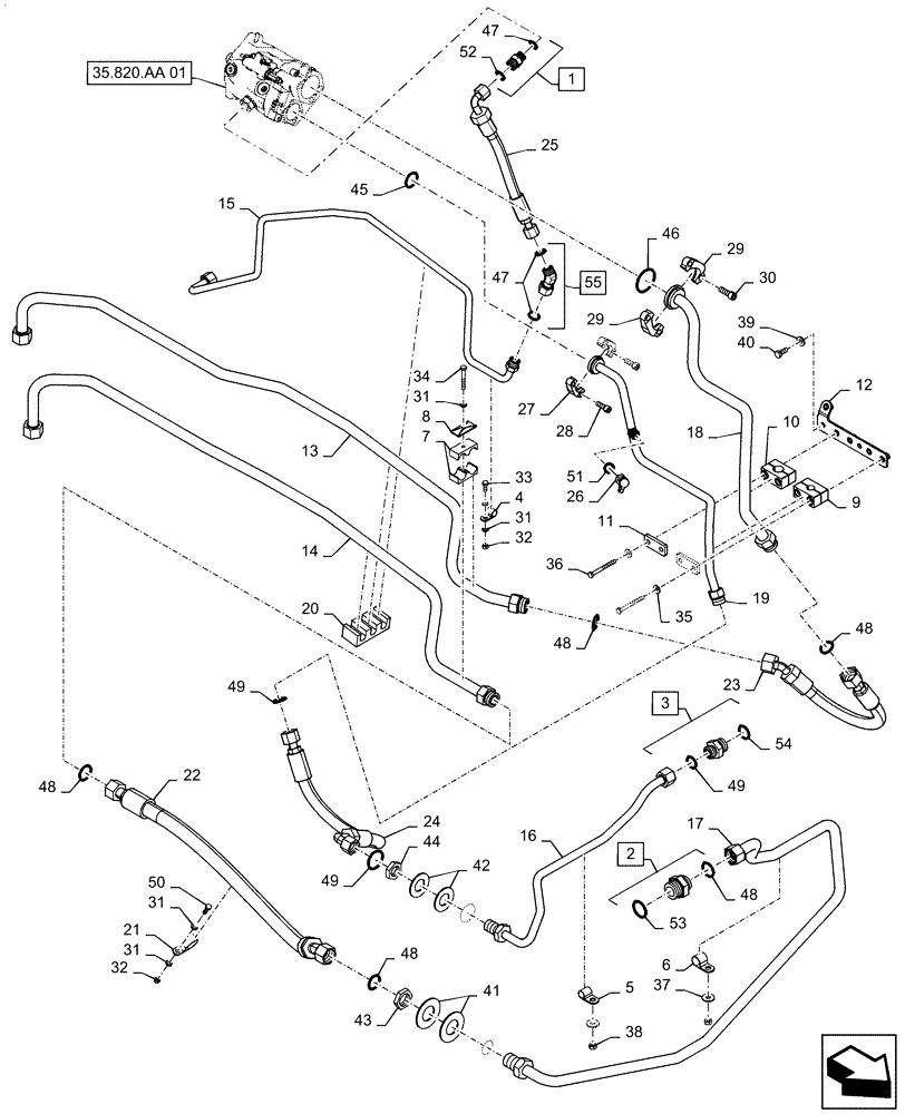 Схема запчастей Case IH QUADTRAC 620 - (35.820.AG[02]) - HYDRAULIC LINES, COOLING FAN, 540, 580, 620, ASN ZFF308132 (35) - HYDRAULIC SYSTEMS