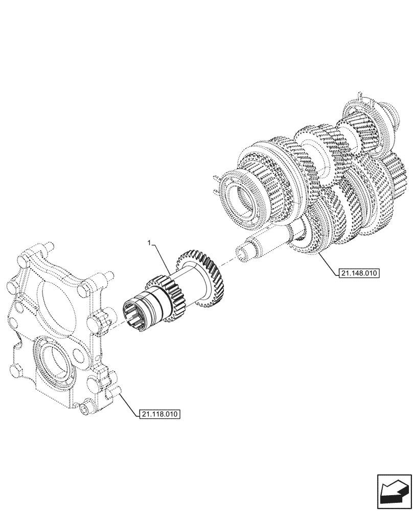 Схема запчастей Case IH FARMALL 100N - (21.148.110) - VAR - 743548 - TRANSMISSION, GEARS & SHAFT, SPLITTER, W/O CREEPER (21) - TRANSMISSION