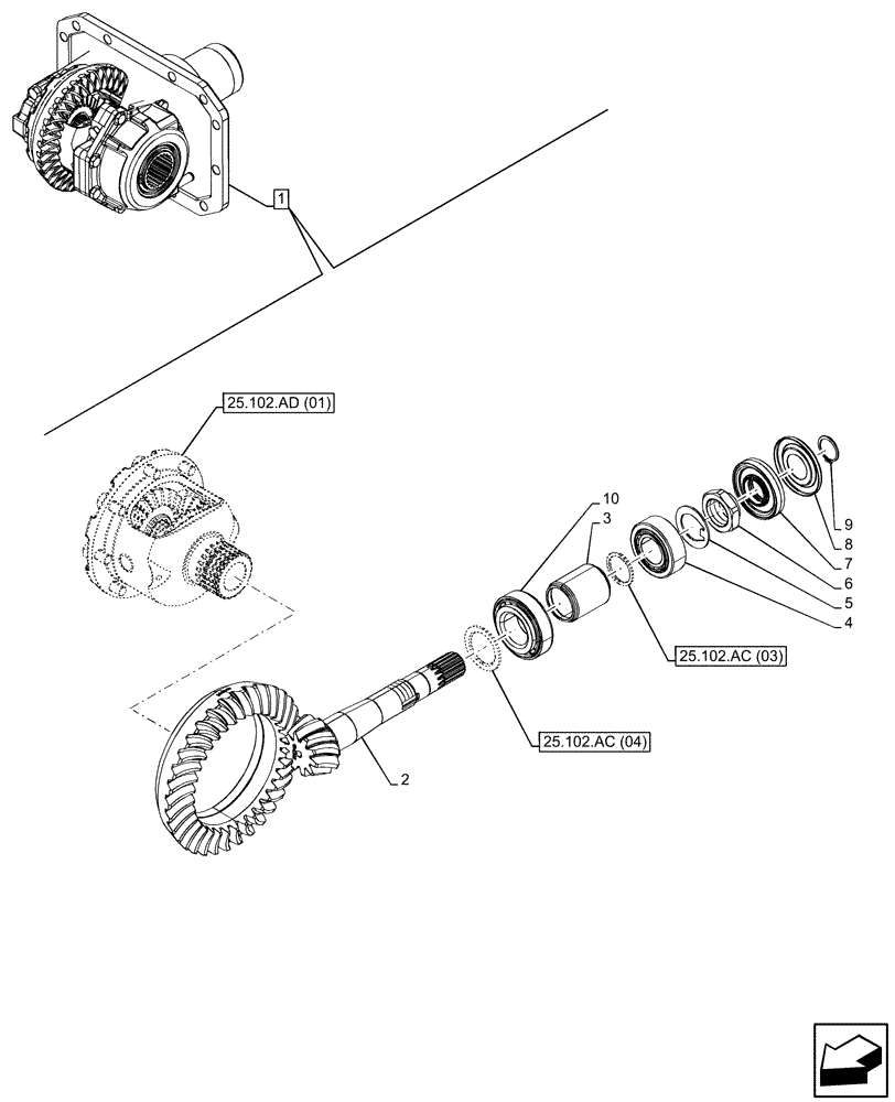 Схема запчастей Case IH MAXXUM 145 - (25.102.AC[02]) - VAR - 390409, 758421 - FRONT AXLE, W/ HYDRAULIC DIFFERENTIAL LOCK, W/ STEERING SENSORS, W/O WATERPROOF, DIFFERENTIAL, BEVEL GEAR (25) - FRONT AXLE SYSTEM