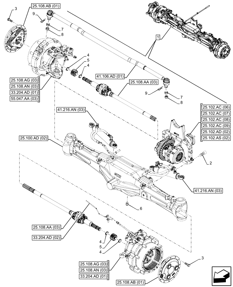 Схема запчастей Case IH MAXXUM 150 - (25.100.AA[03]) - VAR - 758423 - SUSPENDED FRONT AXLE WITH HYDR. DIFF. LOCK, STRG SENSOR & BRAKES (25) - FRONT AXLE SYSTEM