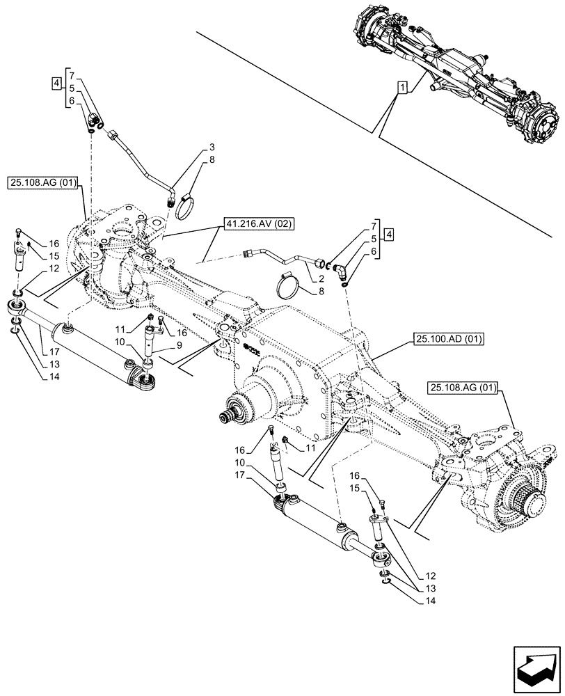 Схема запчастей Case IH MAXXUM 145 - (41.216.AN[01]) - VAR - 390409, 758420, 758421 - FRONT AXLE, W/ HYDRAULIC DIFFERENTIAL LOCK, W/ STEERING SENSORS, W/O WATERPROOF, STEERING CYLINDER (41) - STEERING