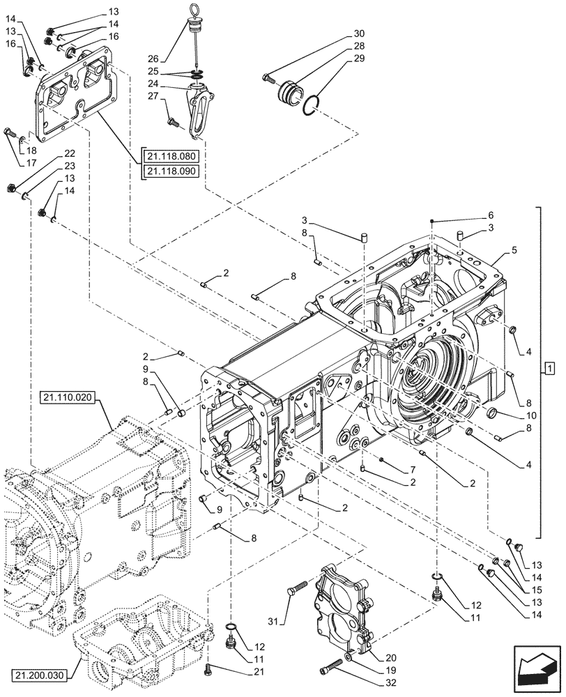 Схема запчастей Case IH FARMALL 100V - (21.118.040) - TRANSMISSION, HOUSING, POWERSHUTTLE, 4WD (21) - TRANSMISSION