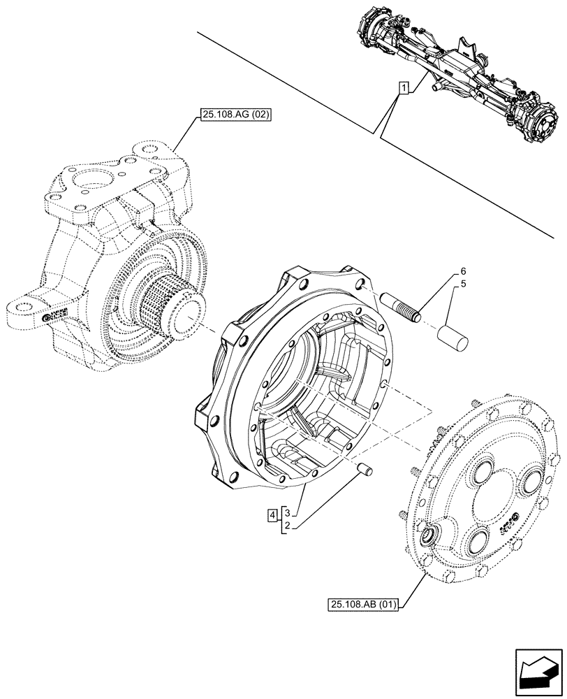 Схема запчастей Case IH MAXXUM 135 - (25.108.AN[02]) - VAR - 758422 - SUSPENDED FRONT AXLE WITH HYDR. DIFF. LOCK & STRG SENSOR, STEERING KNUCKLE (25) - FRONT AXLE SYSTEM