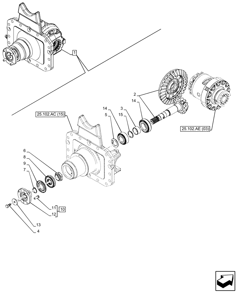 Схема запчастей Case IH MAXXUM 115 - (25.102.AC[16]) - VAR - 758427, 758428 - SUSPENDED FRONT AXLE WITH HYDR. DIFF. LOCK & STRG SENSOR, DIFFERENTIAL, BEVEL GEAR (25) - FRONT AXLE SYSTEM