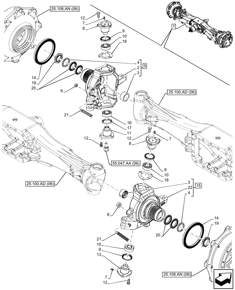 Схема запчастей Case IH MAXXUM 115 - (25.108.AG[06]) - VAR - 758427 - SUSPENDED FRONT AXLE WITH HYDR. DIFF. LOCK & STRG SENSOR, STEERING KNUCKLE (25) - FRONT AXLE SYSTEM