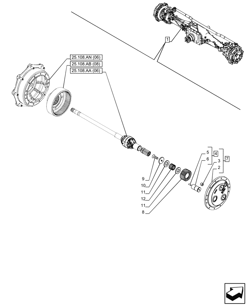 Схема запчастей Case IH MAXXUM 115 - (25.108.AB[07]) - VAR - 758427 - SUSPENDED FRONT AXLE WITH HYDR. DIFF. LOCK & STRG SENSOR, PLANETARY REDUCER (25) - FRONT AXLE SYSTEM