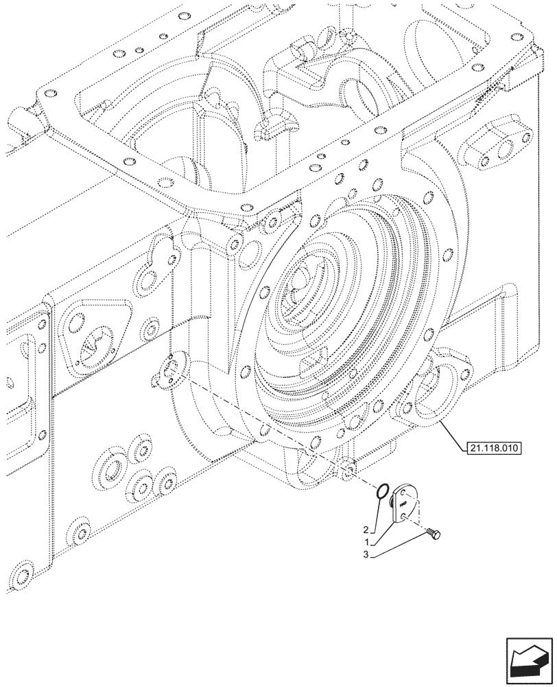 Схема запчастей Case IH FARMALL 80N - (21.118.070) - VAR - 342268, 743381, 743508 - TRANSMISSION, HOUSING, PLUGS, SHUTTLE, W/O CAB (21) - TRANSMISSION