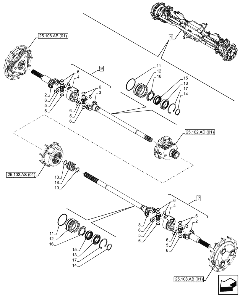 Схема запчастей Case IH MAXXUM 145 - (25.108.AA[01]) - VAR - 390409, 758421 - FRONT AXLE, W/ HYDRAULIC DIFFERENTIAL LOCK, W/ STEERING SENSORS, W/O WATERPROOF, SHAFT (25) - FRONT AXLE SYSTEM