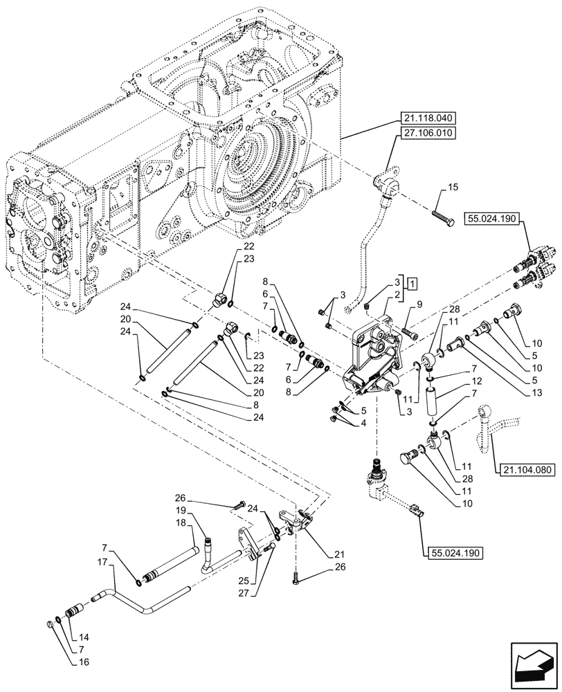 Схема запчастей Case IH FARMALL 80N - (21.134.180) - POWERSHUTLLE TRANSMISSION CONTROL VALVE (21) - TRANSMISSION