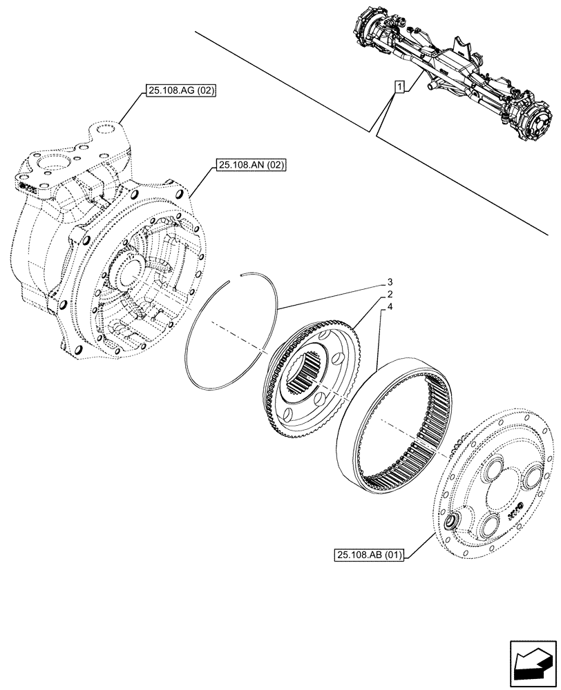 Схема запчастей Case IH MAXXUM 115 - (25.108.AB[03]) - VAR - 758422 - SUSPENDED FRONT AXLE WITH HYDR. DIFF. LOCK & STRG SENSOR, STEERING KNUCKLE, PLANETARY REDUCER (25) - FRONT AXLE SYSTEM