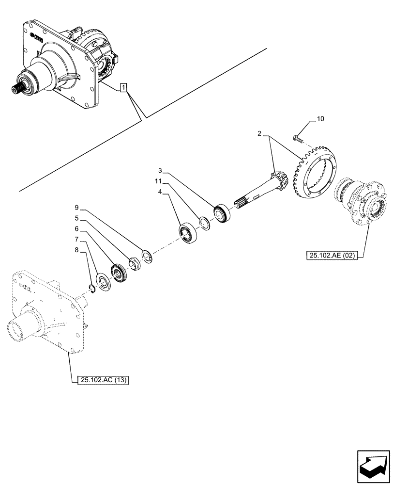 Схема запчастей Case IH MAXXUM 115 - (25.102.AC[14]) - VAR - 758425, 758426 - FRONT AXLE, W/ HYDRAULIC DIFFERENTIAL LOCK, W/ STEERING SENSORS, DIFFERENTIAL, BEVEL GEAR (25) - FRONT AXLE SYSTEM