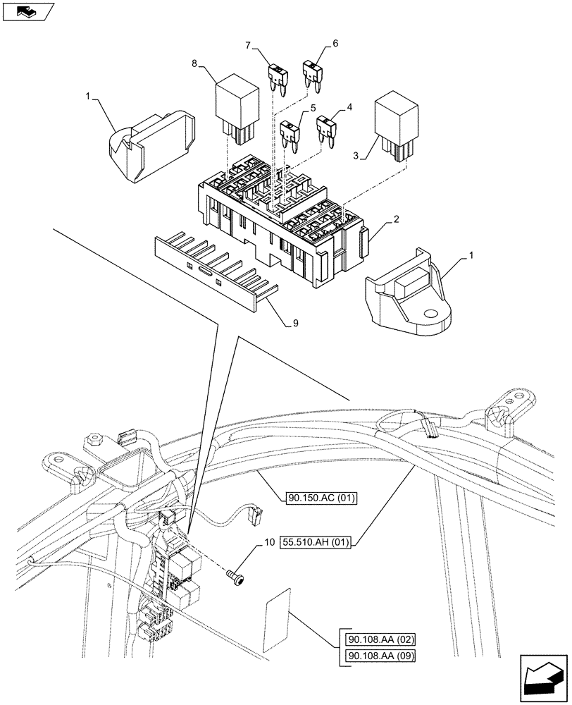 Схема запчастей Case IH FARMALL 115U - (55.100.DO[04]) - STD + VAR - 391754 - FUSE BOX, FUSE HOLDER, RELAY, CAB ROOF (55) - ELECTRICAL SYSTEMS