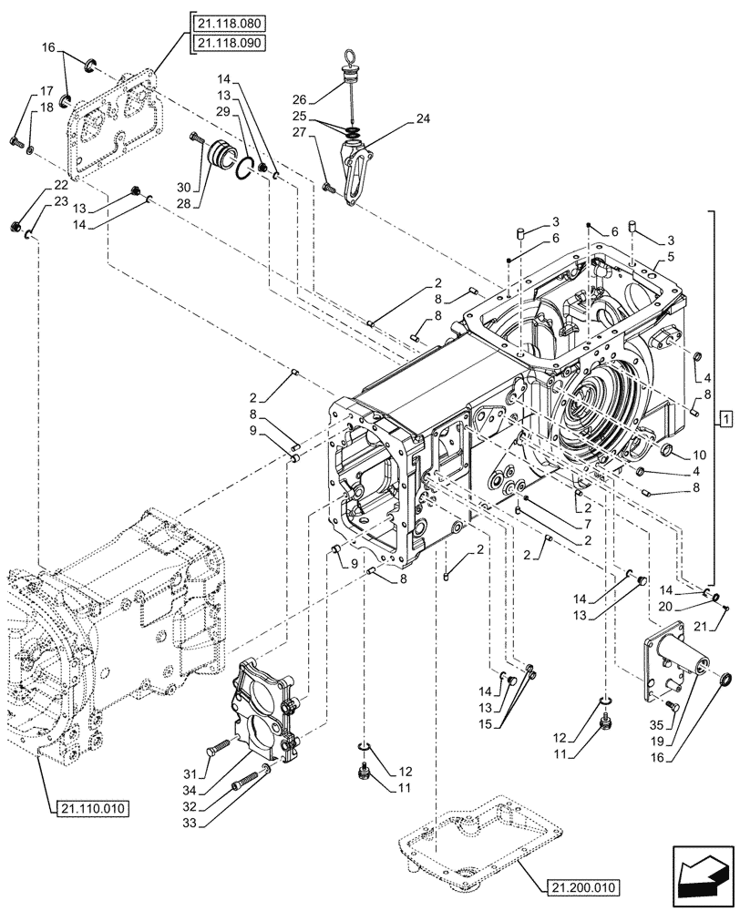 Схема запчастей Case IH FARMALL 80N - (21.118.010) - TRANSMISSION, HOUSING, SHUTTLE, 2WD (21) - TRANSMISSION