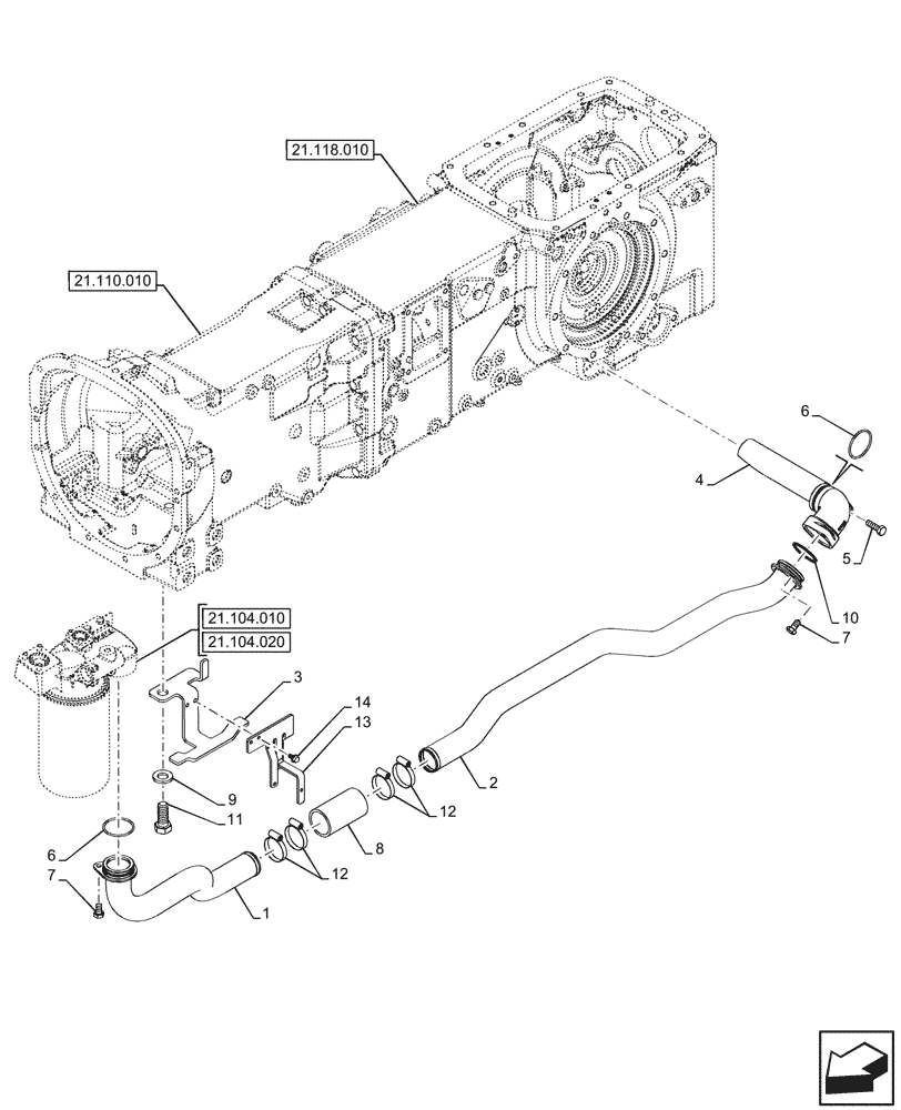 Схема запчастей Case IH FARMALL 90V - (21.104.030) - VAR - 342264, 342265, 743524 - TRANSMISSION OIL, SUCTION PIPE, 60L/MIN (21) - TRANSMISSION